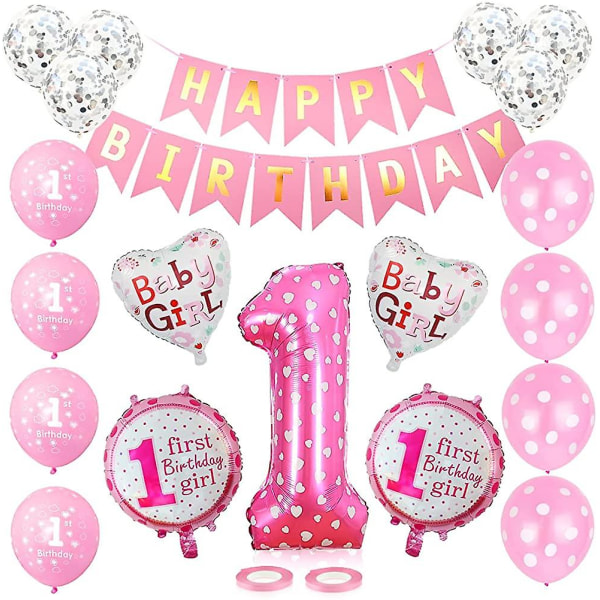 1:a födelsedagsballongdekorationer Tjej, rosa födelsedagsballong, nummer 1 år