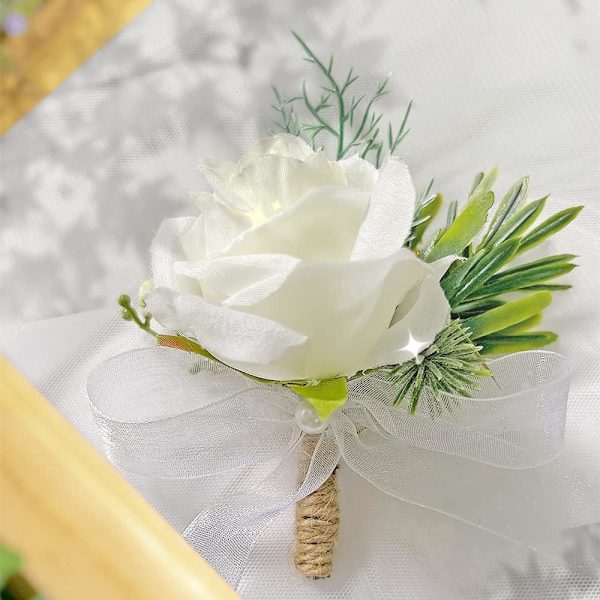 2 stk hvite rose dame håndleddsblomst og herre knapphullsblomst egnet for brud og brudepike bryllup
