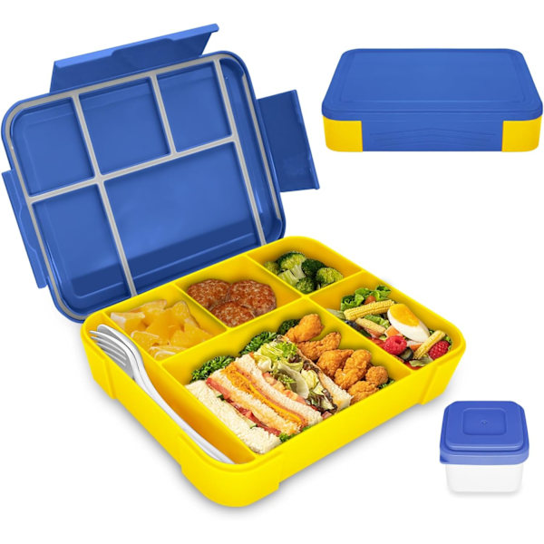 Bento-lounasrasia lapsille, Bento-lounasrasia aikuisille, jossa on 5 osastoa ja 2 salaatinkastiketta Blue-yellow