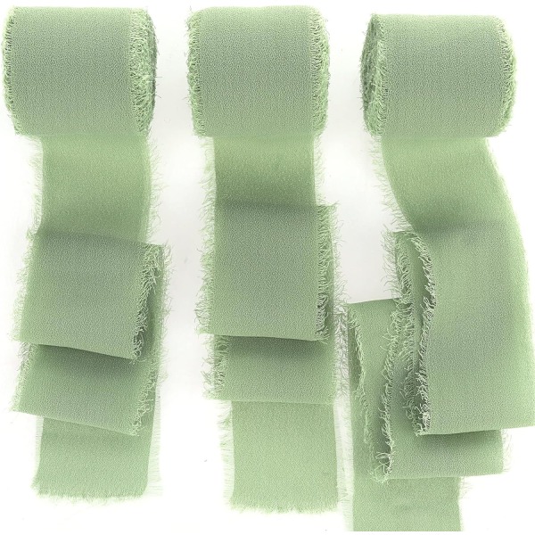3 rullar 1,5" handgjorda frans chiffong sidenband slitna kanter band för bröllopsinbjudningar, brudbuketter, presentförpackning (grön)