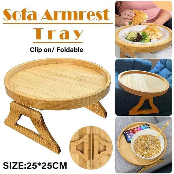 Sammenleggbart sofa-brett i tre, festes til armlenet, med kopp- og snacksholdere