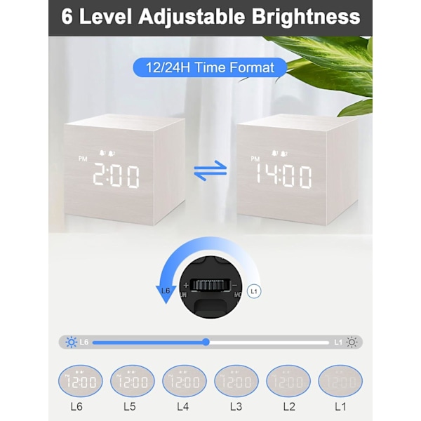 SCSYV Digital väckarklocka, med trä-LED-display, dubbla alarm, 2,5-tums kubisk liten mini-klocka i trä för sovrum, sängbord White