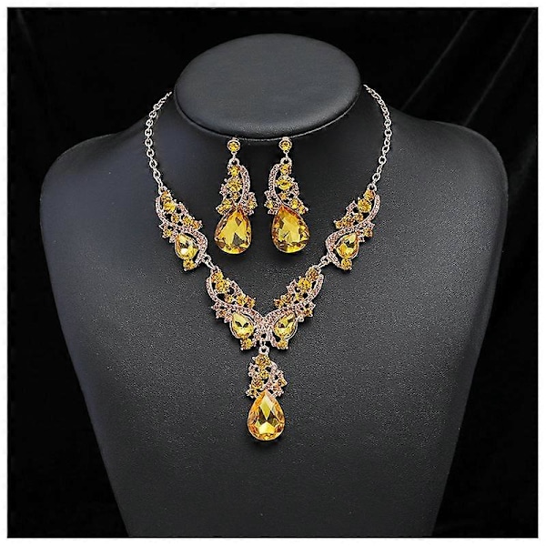 2 stk/sett Kvinner Rhinestone Anheng Vintage Halskjede Øredobber Smykker gold