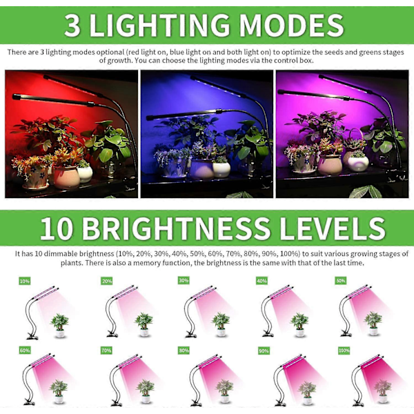 LED Vækstlys til Indendørs Planter, Dobbelt Hoved 40 LED 10 Dæmpbare Niveauer Timerfunktion 3/9/12H