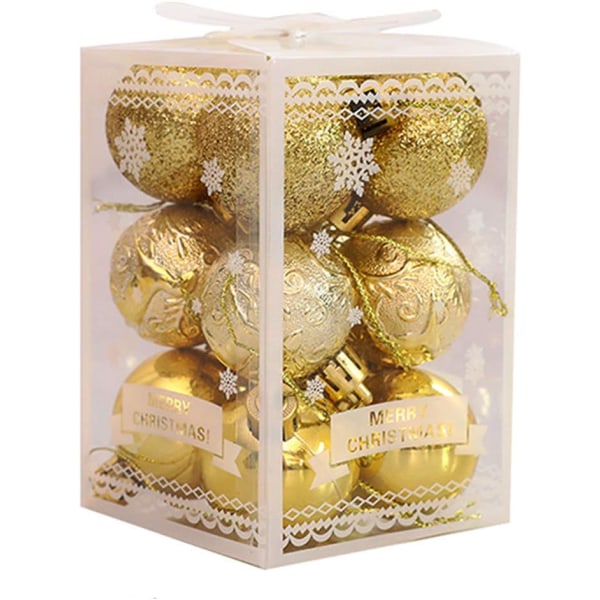 12 stk juledekorativt ballsett Treanheng Baller Ornamenter for hjemmefestdekor Høytids bryllup Tredekorasjoner Julegaver (gull)