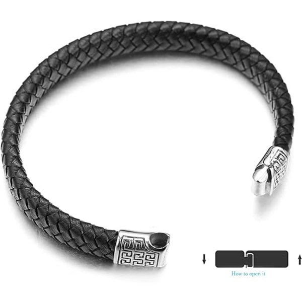 Mænds læderarmbånd, sort flettet titanium magnetlås 8,46" (21,5 cm)