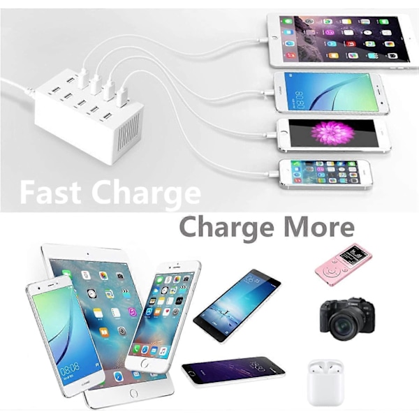 USB Ladestasjon, 50W 10-Port USB Lader Hub, Multi-Port USB Lader med Smart Detektering, Kompatibel med iPhone, Galaxy, iPad Nettbrett og Andre USB