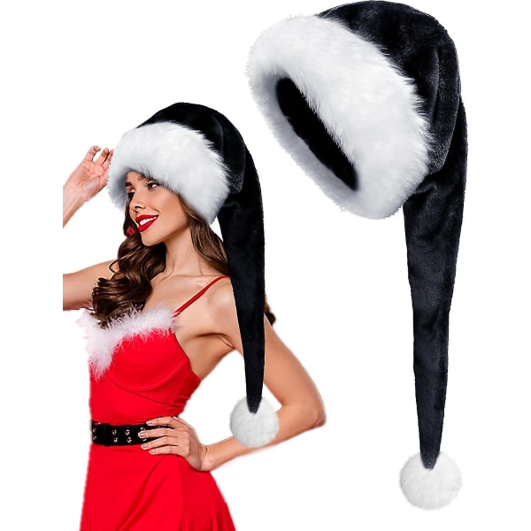 Julsvart tomtehatt lång, vuxna Deluxe svart och vit julhatt för svart jultema nyår festtillbehör för festliga fester