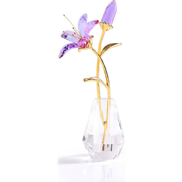 Kristallblomma Figur Lily Blomma Samlarobjekt Present till Kvinnor, Glas Lilja med Kristallvas Metallstam för Hem Bröllopsfest Dekor Purple