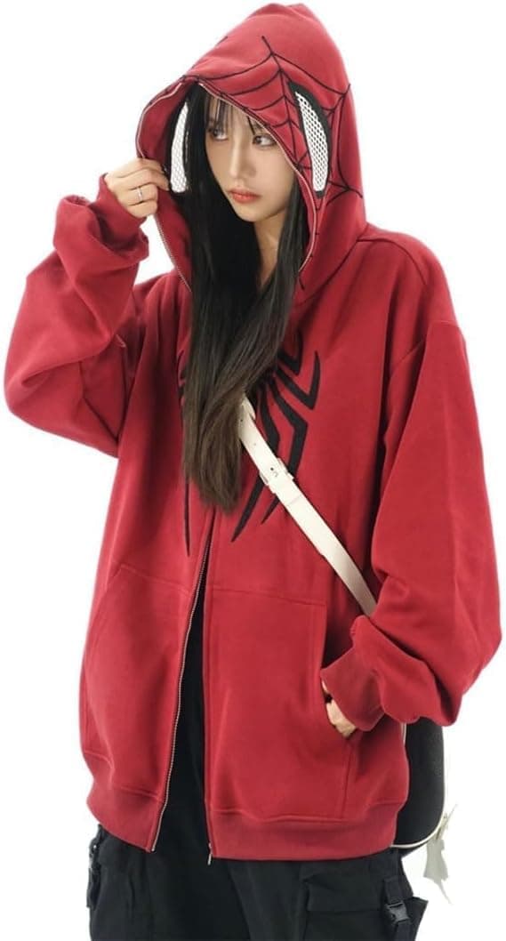 Dame Spider Hættetrøje Y2K Oversized Fuld-Lynlås Grafisk Hættetrøje – Kawaii Stil