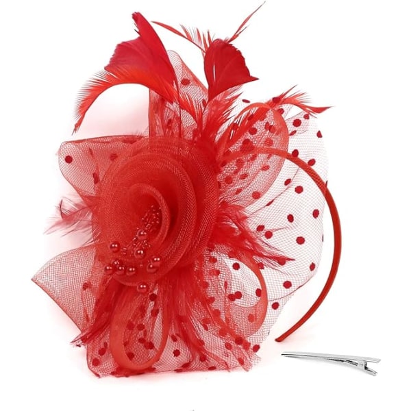 Fascinators Hat for Women Damer Bryllup Fascinators Tea Party Hat Flapper Pillbox Hat Ascot Race Hat Feather Flower (rød)