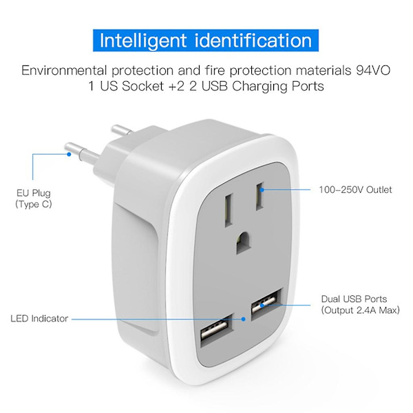 Monitoiminen US-EU/UK/IT/CH-matkasettiadapteri 2 USB:llä 3 tuumaa