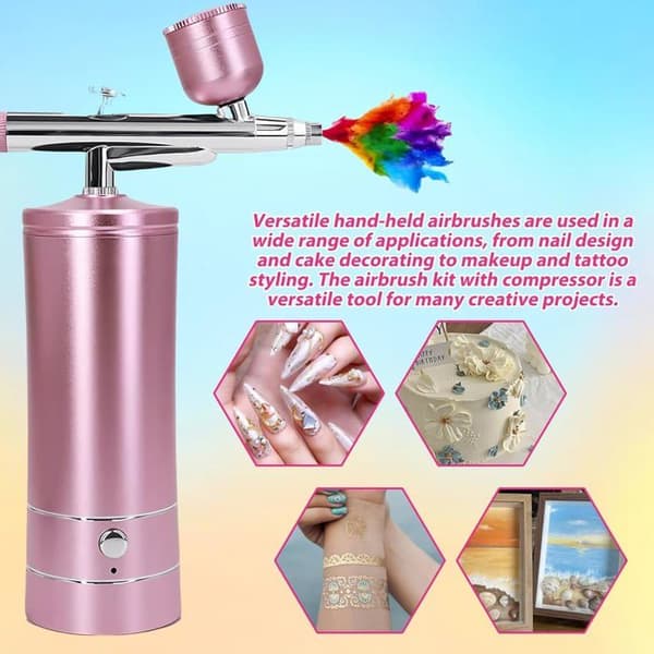 Multifunksjonelt Airbrush-sett med Kompressor – Trådløst Airbrush-sett med Luftkompressor, Oppladbart (Rosa)