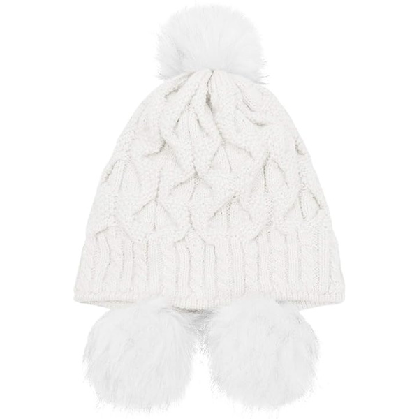 Vintermössa för kvinnor, stickad med pompom, vindtäta öronlappar White