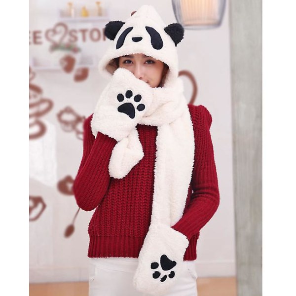 Vinter Panda Hat Halstørklæde Handske Sæt Til Damer, varm Kvinder Siamese Hættetrøje