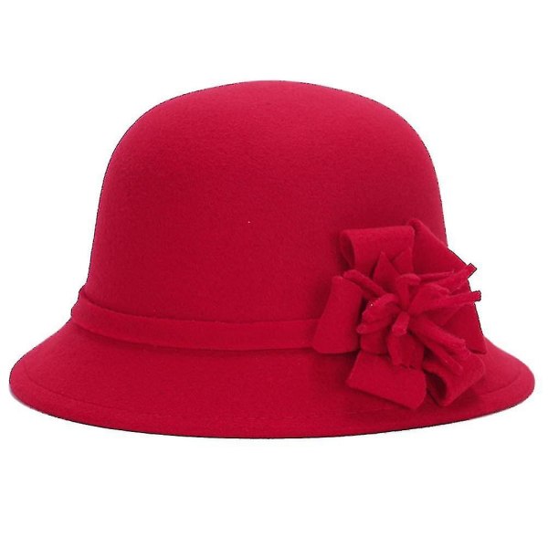 Vintage kvinnor imitation ull enfärgad blomdekor Bucket Hat Bowler Cap Rose Red