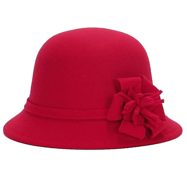 Vintage naisten keinotekoinen villa yksivärinen kukka koriste ämpäri hattu Bowler Cap Rose Red