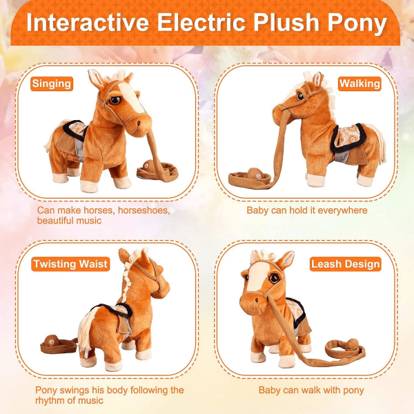 Walking Pony Toy Musical Singing Dancing Plush Interactive Pony Walk Along Toy Horse With Leash Pony Robot Plush Stuffed Animal Shaking Head Buttocks