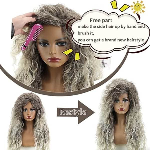 Lång lockig vågig peruk grå blond kvinnlig blandad blond lockig peruk