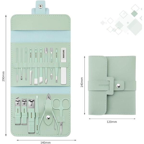 Bærbart negleklippersæt - Manikuresæt i rustfrit stål med sammenklappelig taske, manikurskæresæt (16 stk./sæt, grøn)