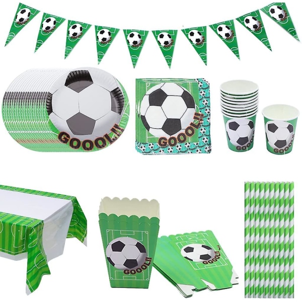 Fotbollsfesttillbehör Set, porslin födelsedagsfest porslin inklusive banderoll papperstallrikar koppar servetter bordsdukar för barn Vuxna Sporttema fotboll