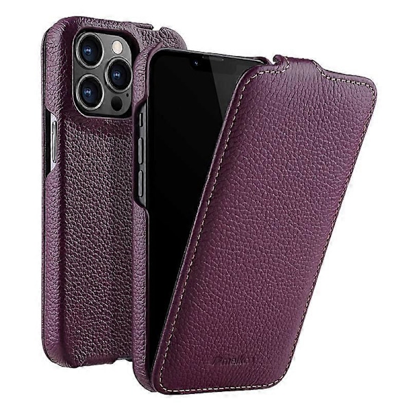 MELKCO Mobilskal för iPhone 14 Pro Äkta Ko-Läder+PC Vertikalt Flippskydd Multicolor Style F