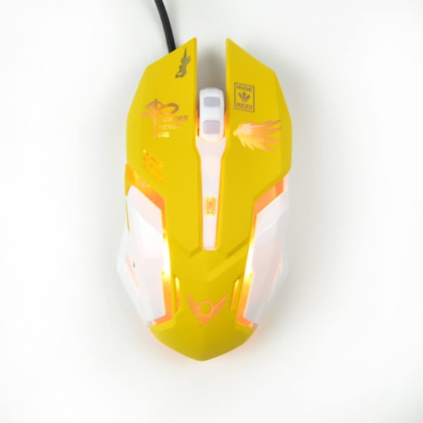 Gamingmus, 7 farger bakgrunnsbelyst optisk spillmus ergonomisk USB kablet med 2400 DPI og 6 knapper 4 skyting for datamaskin/Win/Android/iOS. (Gul)