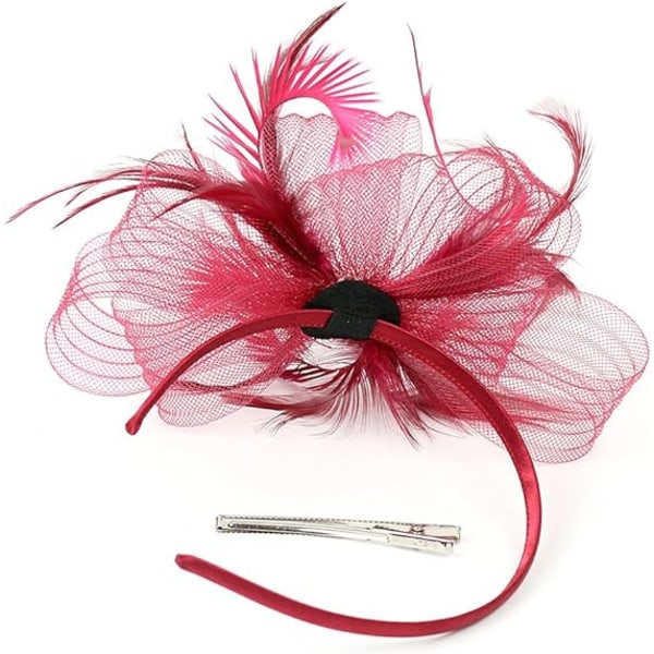 Kvinnlig Fascinator Hatt Blomma Bröllop Fascinator Hårband Fjäder Flapper Brud Hårprydnad Huvudbonader Pillbox Hatt Bowler Mini Topphatt Hårklämmor(Röd)