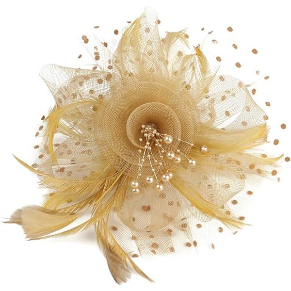 Fascinator Hat for Women Ladies Wedding Fascinators Tea Party Hat Flapper Pillbox Hat Ascot Race Hat Feather Flower(khaki) khaki