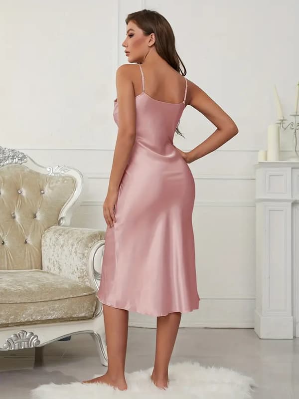 Solid Satin Slip Nattlinne, Elegant V-ringad Rygglös Spaghettiband Nattklänning, Dam Sovkläder & Klänningar Rosa 2XL Pink 2XL
