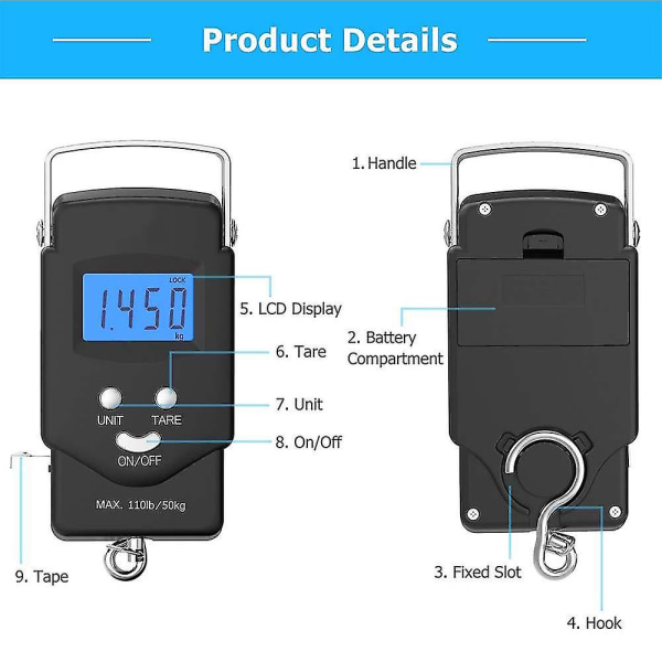 Sähköinen kalavaaka, digitaalinen elektroninen vaaka, taustavalaistu LCD-näyttö, 50 kg /