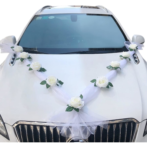 Bånd til bryllupsbil, dekoration af rosenblomster til biler, dekoration af hvide roser til bryllupsbiler.