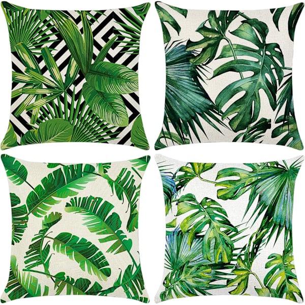 Putetrekk 45 x 45 cm, sett med 4 putetrekk i bomull og lin, putetrekk for sofa, hageseng, sofa, puter (Blad-4)