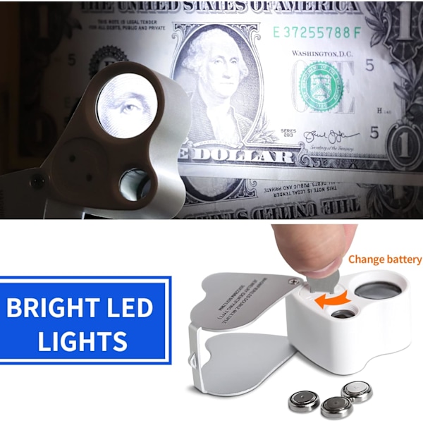 30X 60X belyst minilup - vit legering bärbar förstoringsglas ögonglas med LED-ljus för ädelstenar smycken mynt klockor frimärken växter