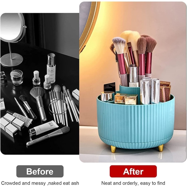 360° Roterande Makeup Organizer Sminkborsthållare med 5 fack för kosmetika Parfymsmycken för Sminkbord Sovrum Badrum, Blå