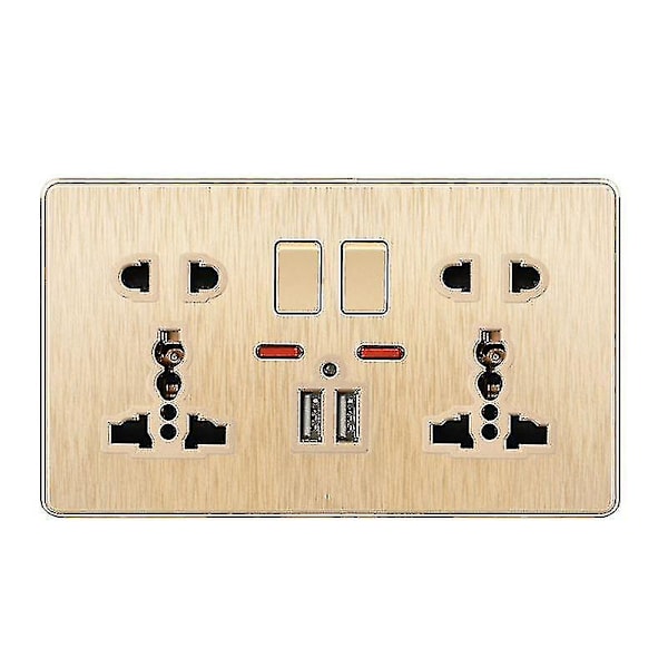 Multifunksjons stikkontakt med trykknapp, UK 13A, 2.1A dobbel USB-lader, tre- og to-hulls vegguttak Gold