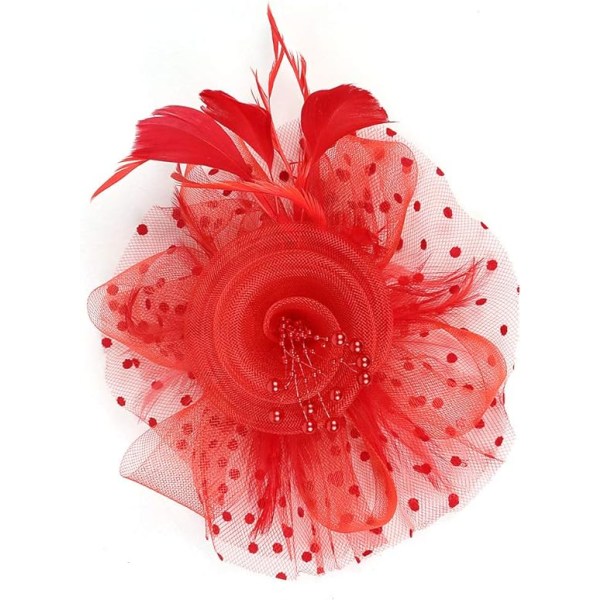 Fascinatorhatt för kvinnor, damer, bröllop, fascinatorer, tebjudningshatt, flapperhatt, Ascot-tävlingshatt, fjäderblomma (röd) Red