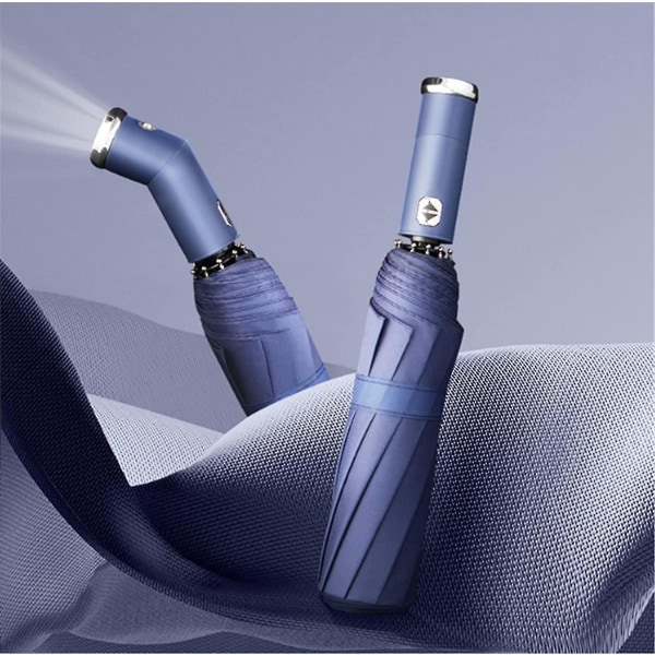 Automaattinen kokoontaittuva sateenvarjo LED-taskulamolla Blue