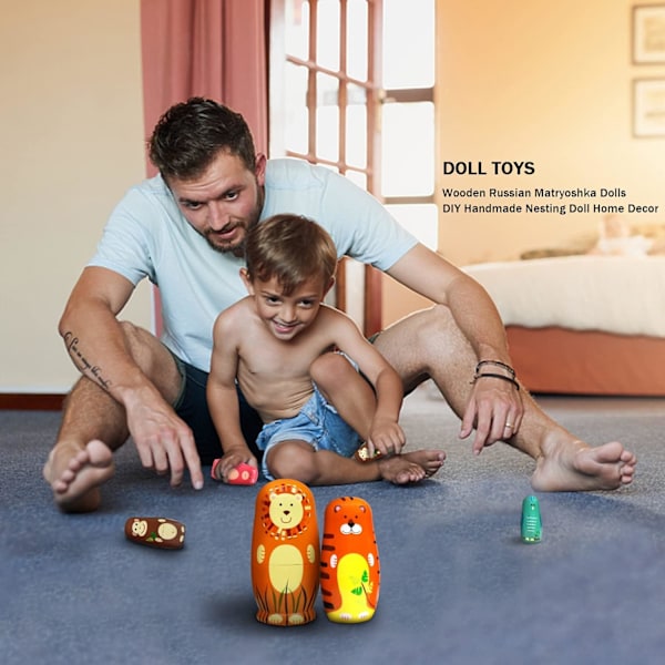 Trämålade Matryoshka-dockor för barn Handgjorda söta tecknade djur Lejon Tiger Apa Mönster Nesting Doll Leksak Staplingsdocka Set med 5