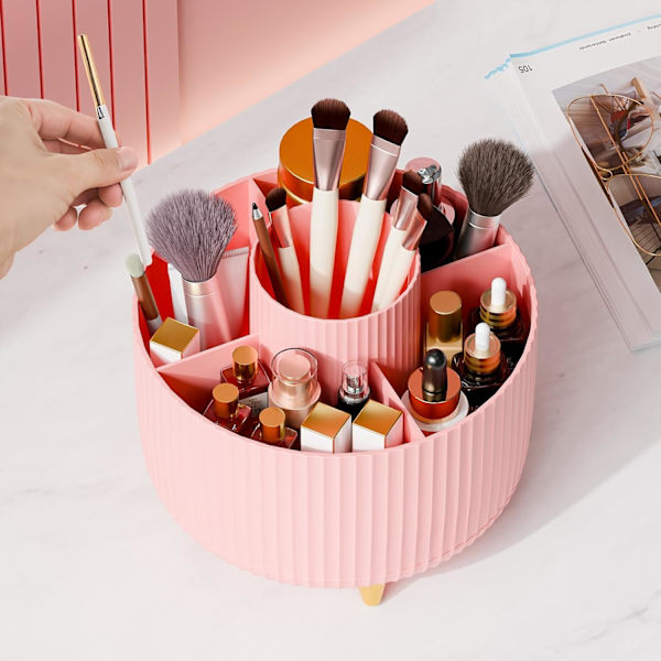 360° roterende penneholder, skrivebordsarrangører med 5 rum blyantsarrangør, kunstforsyningsopbevaringsboks Caddy til hjemmekontorartikler Desktop oprydning Pink