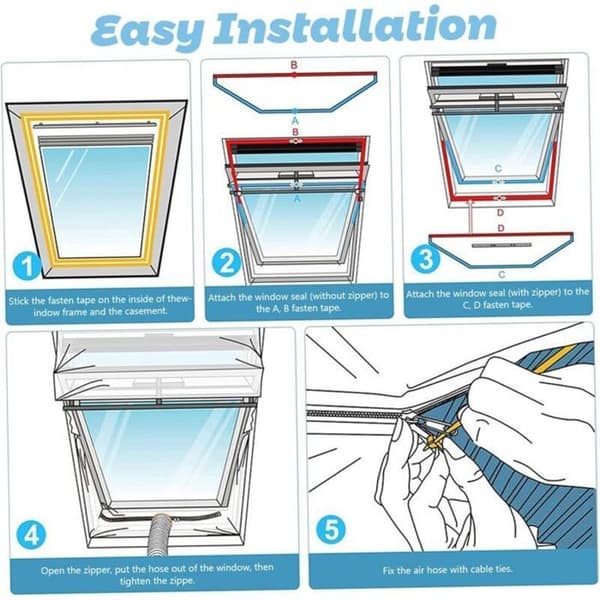90-tommer bærbart AC vindueskit, lynlåsforsegling, vindtæt tape, justerbart panel