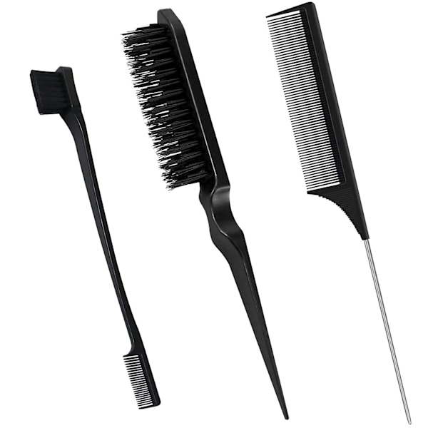 3 Piece Sleek Bun Brush Set, Double Edge Brush Teasing Hair Brush Set and Rat Tail Comb, Bristle Haircut Hair Comb Grooming Edge Brush Combs for Haird