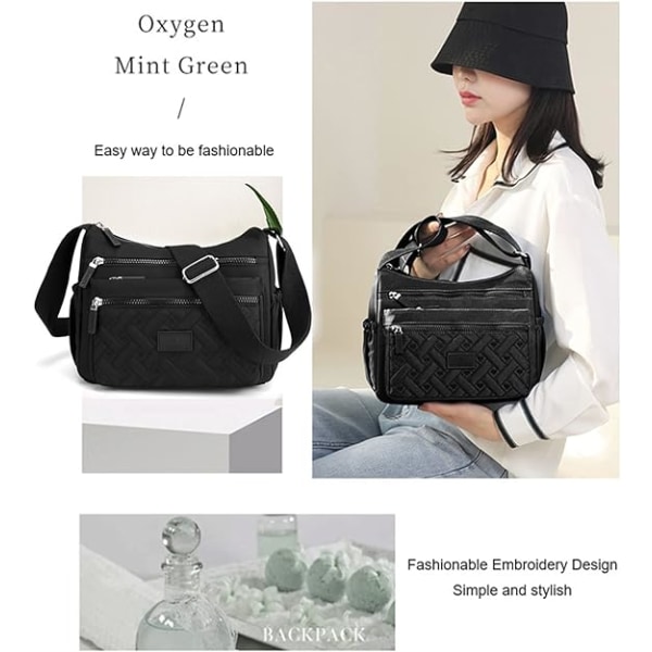 Naisten Crossbody laukku, Multi Pocket Crossbody Bag Olkalaukku Matkalaukku Käsilaukku (musta)