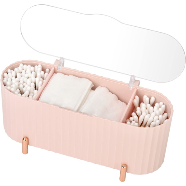 Makeup Organizer Opbevaringsbeholdere, ABS-holder, 3 rum badeværelse organizer skønhed makeup opbevaringsarrangør til vatrondeller, vatpinde, pink