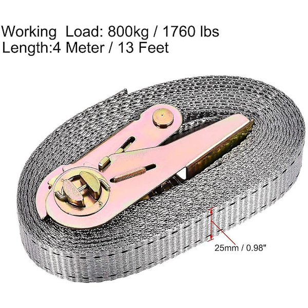 Spændestropper med ratchet 4mx25mm 800kg belastningskapacitet Polyester til flytning af gods. Grå