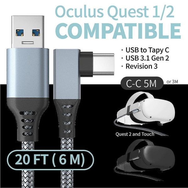 Länkkabel för Oculus Quest 2, snabbladdning & PC-dataöverföring USB C 3.2 Gen1 5gbps Pd-överföringsladdningskabel Vr Headset Link-kabel Black 6M