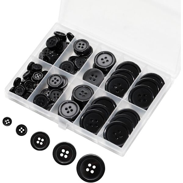 100 stk. sorte knapper til håndværk, knapper, DIY-knapper, assorterede syknapper, 5 størrelser af sorte runde assorterede knapper egnet til håndværk, Co