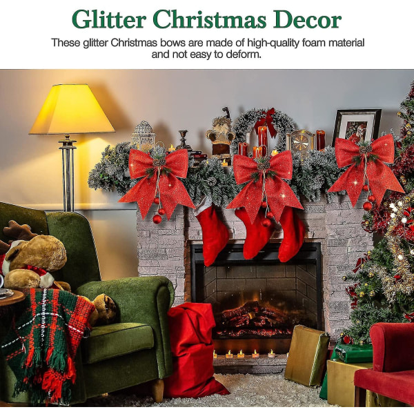 4 stk jule rød sløjfe, pailletter kranse sløjfer, juletræ topper glitter, jule dekorative sløjfer ornament til hjemme bryllup festival, jul pa