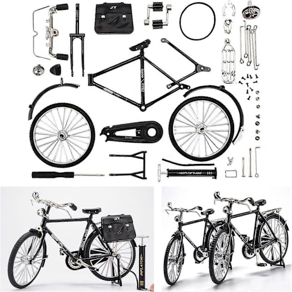 DIY Retro Cykelmodell Ornament för Barn, 1:10 Simulation Mini Cykelmodell Skala Kit med Pump och Portfölj, Finger Cykelmodeller Leksaker, Svart