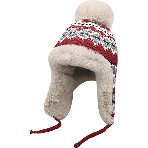 Stickad dammössa med fuskpälsboll Varm vindtät tjock skidmössa med dubbelfoder röd